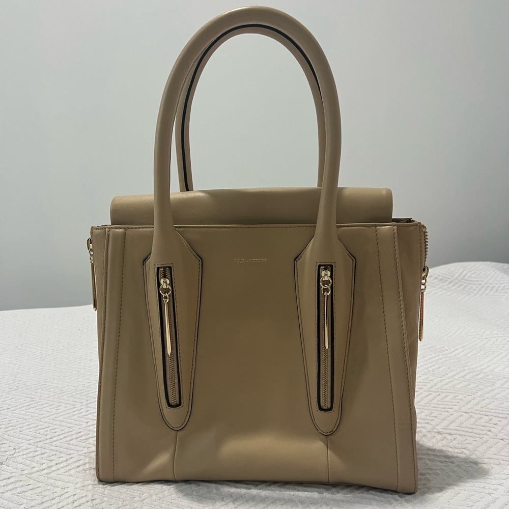 Pour La Victoire Riche Beige Leather Wing Inner Pocket Double Handle Tote Bag